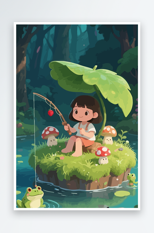 Q版钓鱼的小女孩元素-众图网