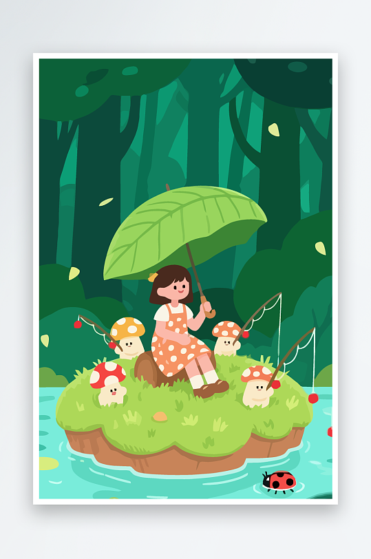 Q版钓鱼的小女孩元素-众图网