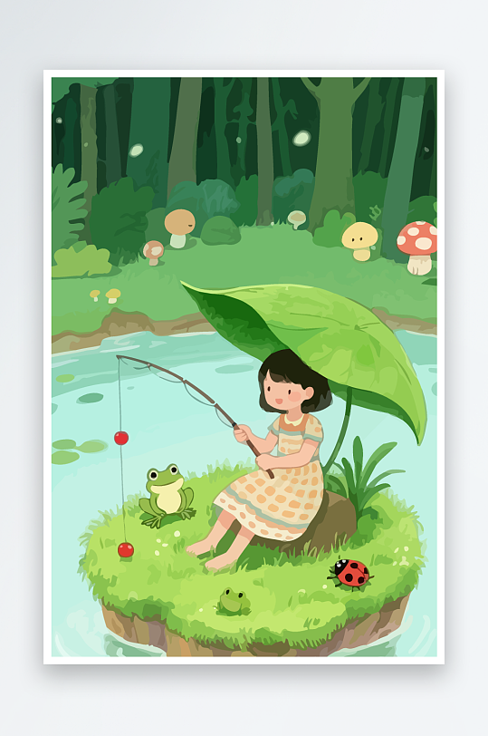 Q版钓鱼的小女孩元素-众图网