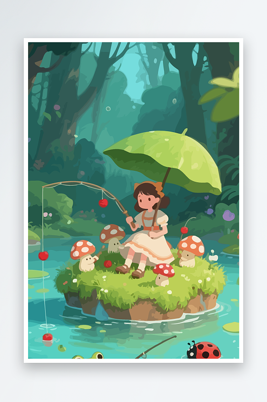 Q版钓鱼的小女孩元素-众图网