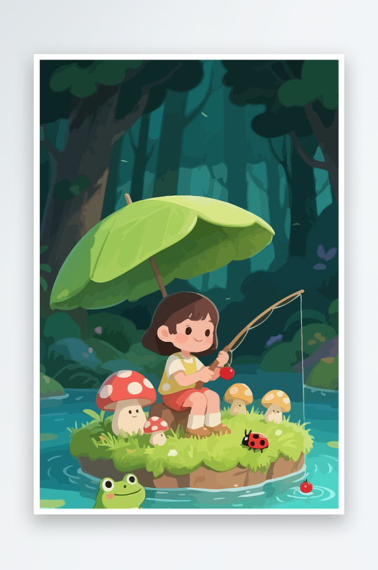 Q版钓鱼的小女孩-众图网