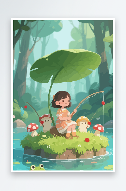 Q版钓鱼的小女孩-众图网