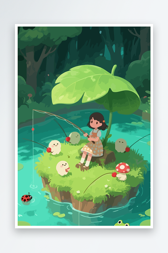 Q版钓鱼的小女孩-众图网