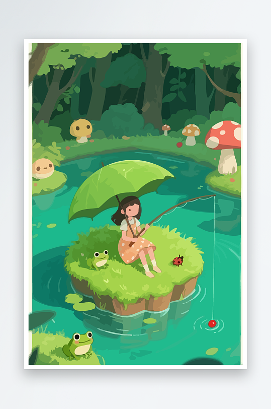 Q版钓鱼的小女孩-众图网