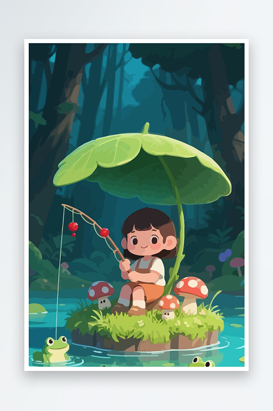 Q版钓鱼的小女孩-众图网