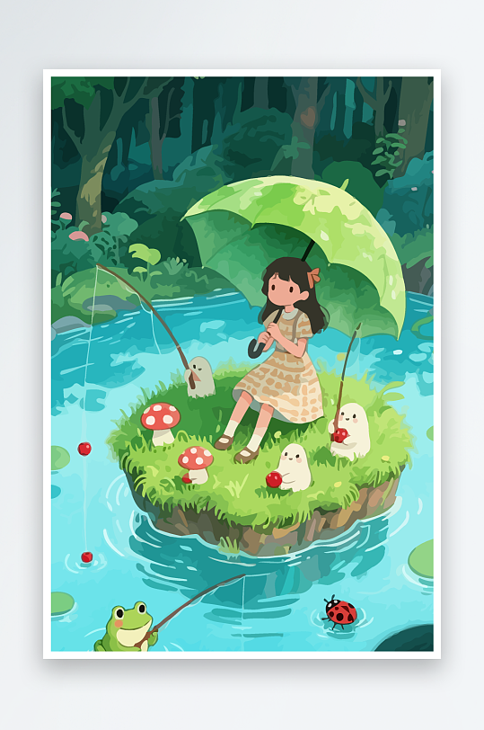 Q版钓鱼的小女孩-众图网