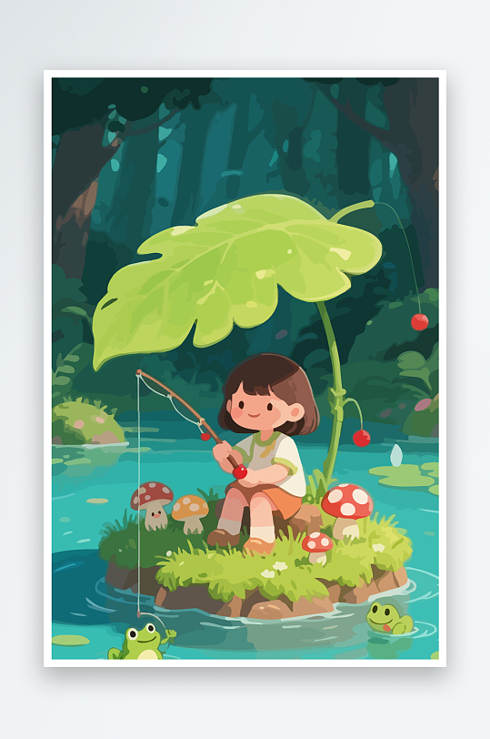 Q版钓鱼的小女孩-众图网