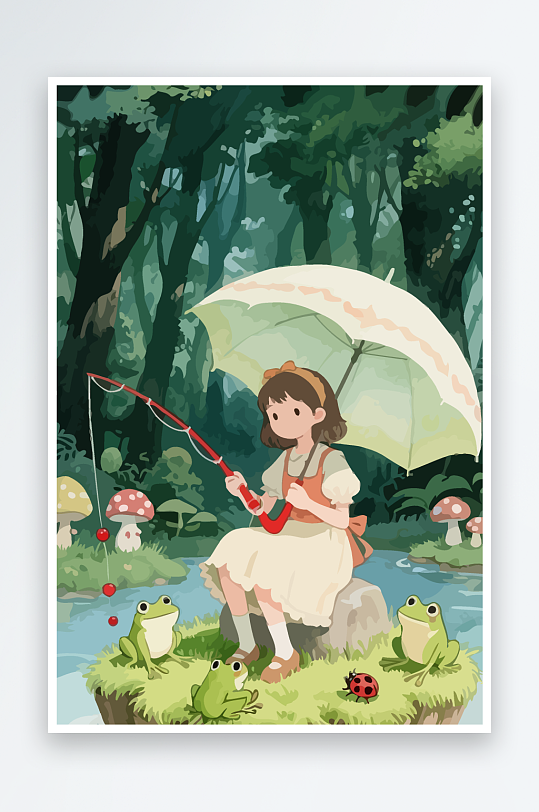 Q版钓鱼的小女孩-众图网