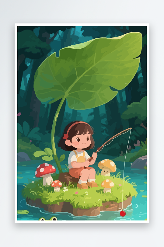 Q版钓鱼的小女孩-众图网