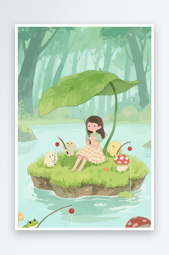 Q版钓鱼的小女孩-众图网