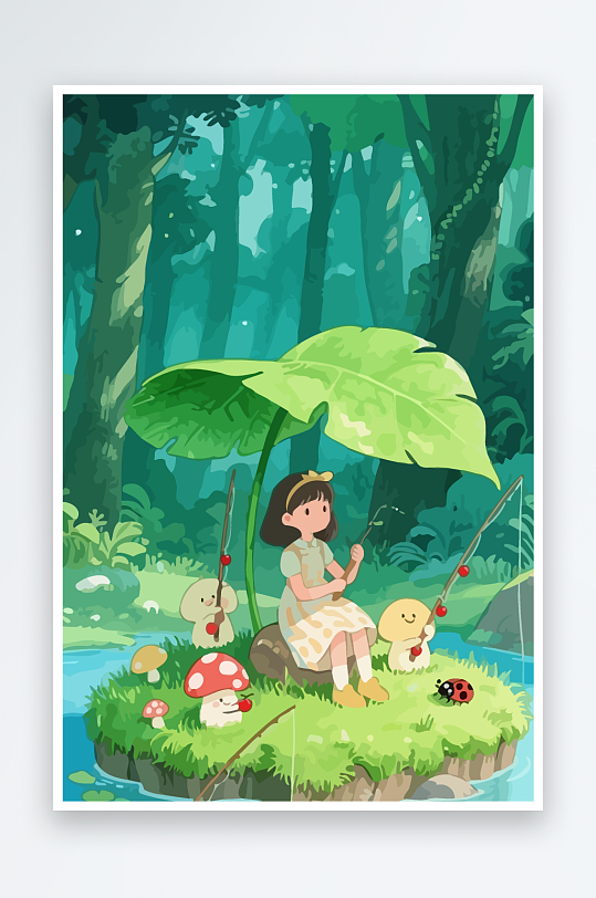 Q版钓鱼的小女孩-众图网