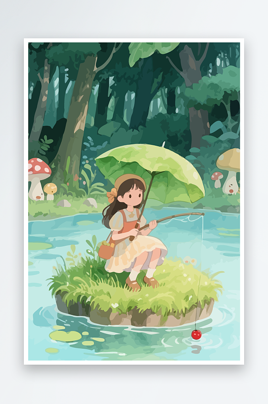 Q版钓鱼的小女孩-众图网