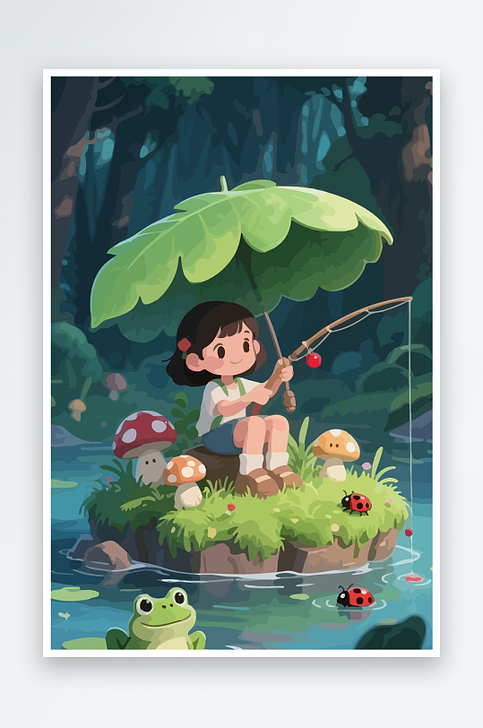 Q版钓鱼的小女孩-众图网