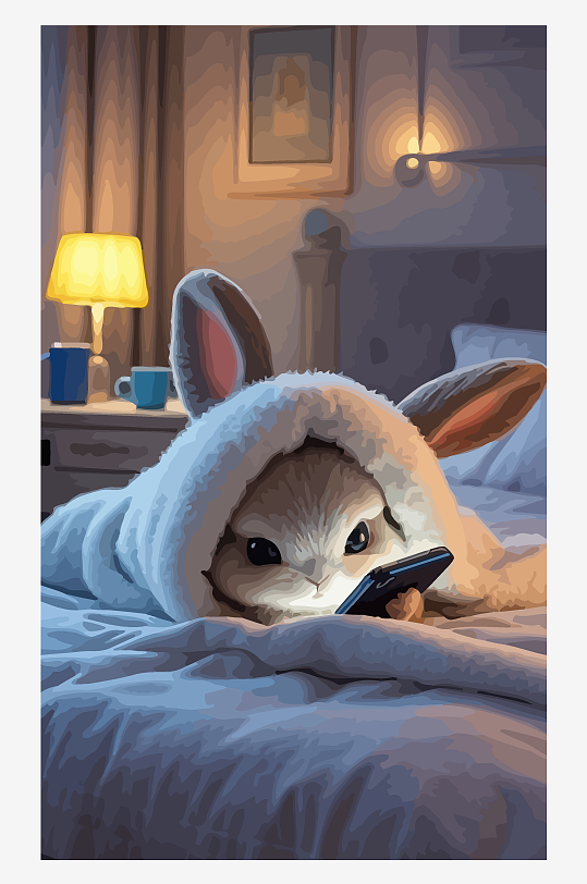 拟人化兔子床上玩手机矢量插画元素-众图网
