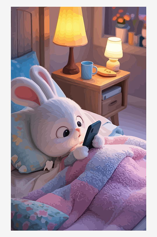 拟人化兔子床上玩手机矢量插画元素-众图网