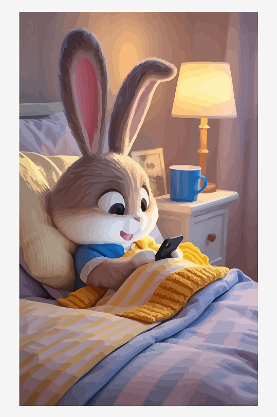 拟人化兔子床上玩手机矢量插画元素-众图网