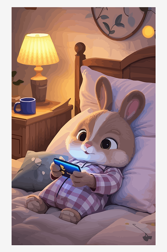 拟人化兔子床上玩手机矢量插画元素-众图网