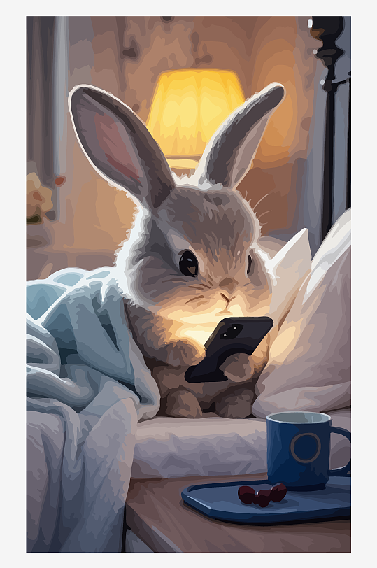 拟人化兔子床上玩手机矢量插画元素-众图网