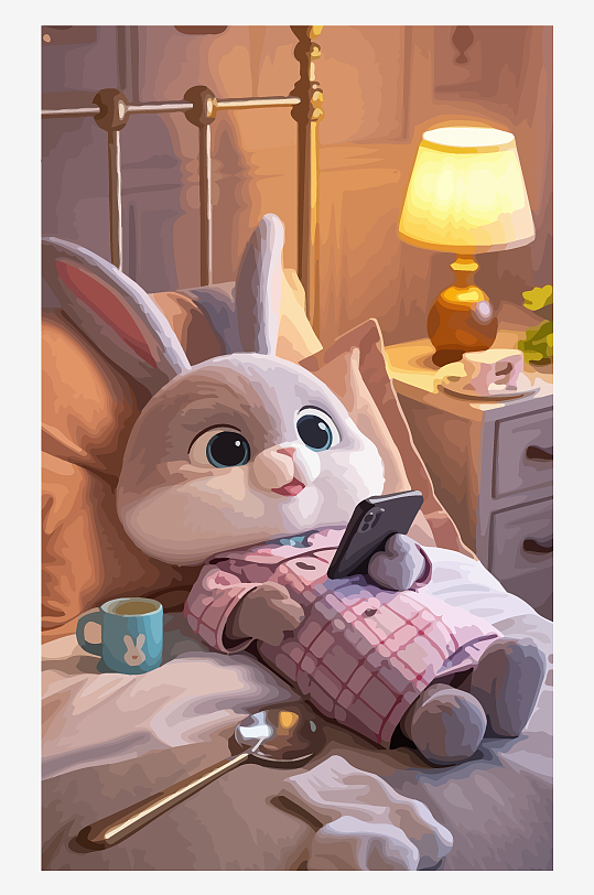 拟人化兔子床上玩手机矢量插画-众图网