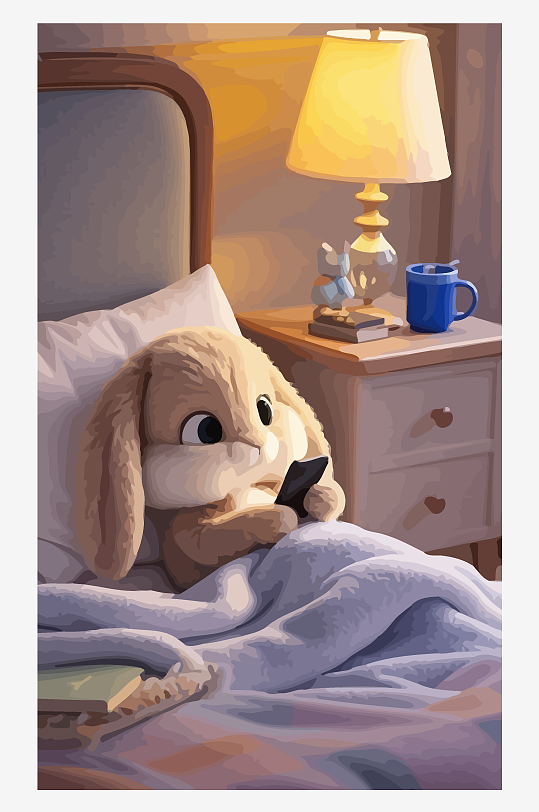 拟人化兔子床上玩手机矢量插画-众图网