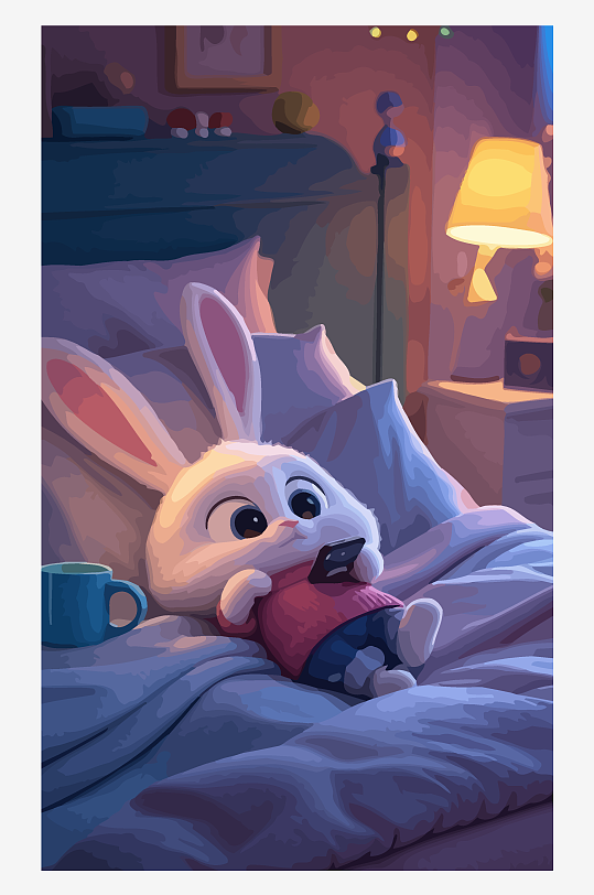 拟人化兔子床上玩手机矢量插画-众图网