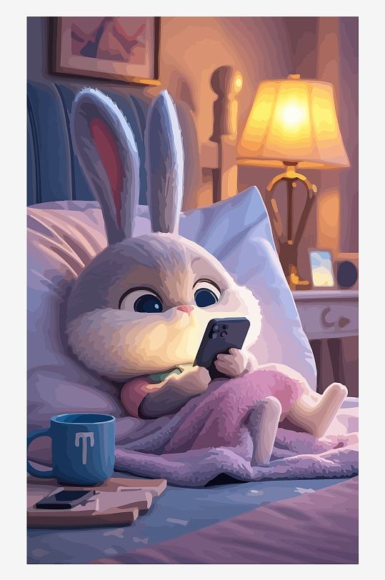 拟人化兔子床上玩手机矢量插画-众图网