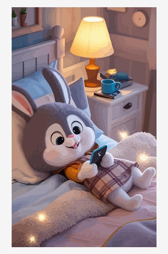 拟人化兔子床上玩手机矢量插画-众图网