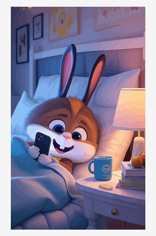 拟人化兔子床上玩手机矢量插画-众图网