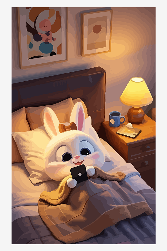 拟人化兔子床上玩手机矢量插画-众图网