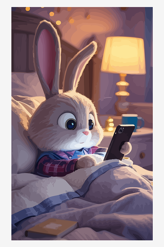 拟人化兔子床上玩手机矢量插画-众图网