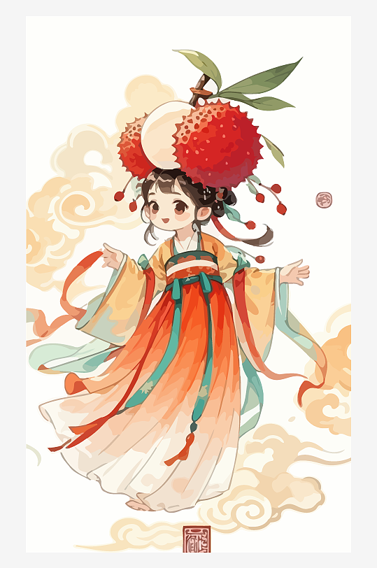 古风女孩拿着荔枝矢量插画-众图网