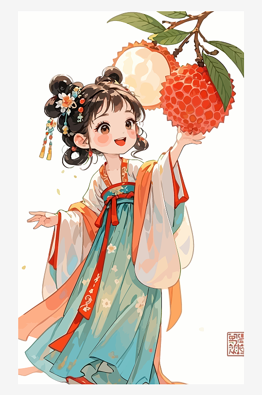 古风女孩拿着荔枝矢量插画-众图网