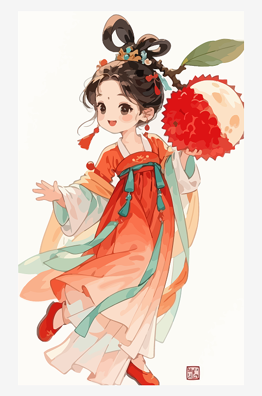 古风女孩拿着荔枝矢量插画-众图网