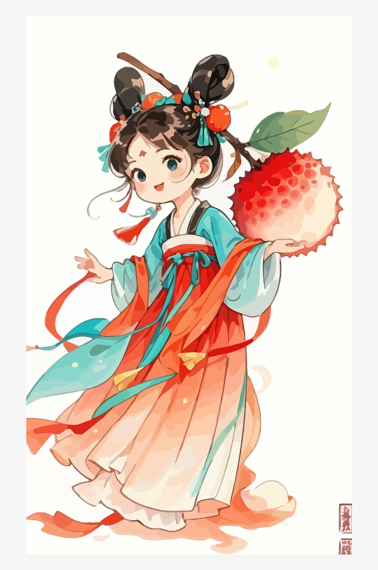 古风女孩拿着荔枝矢量插画-众图网