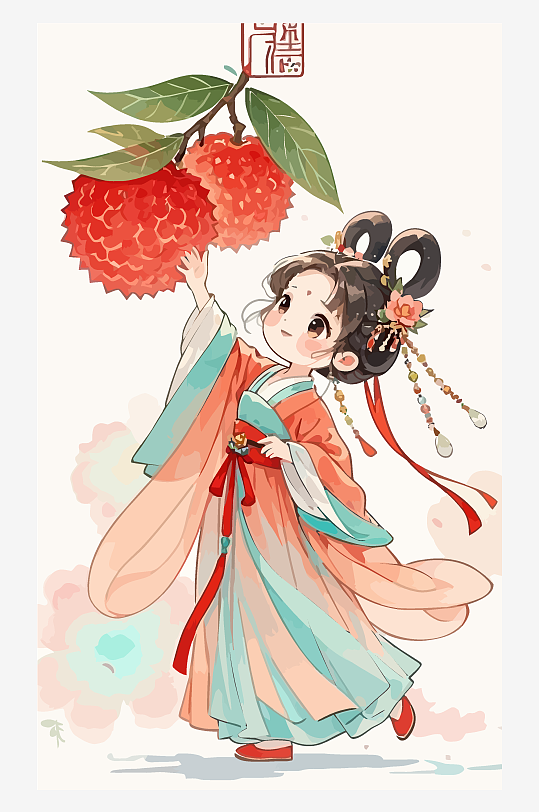 古风女孩拿着荔枝矢量插画-众图网