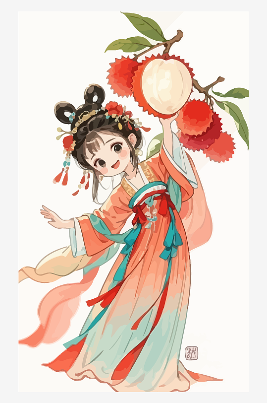 古风女孩拿着荔枝矢量插画-众图网