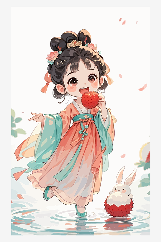 古风女孩拿着荔枝矢量插画-众图网