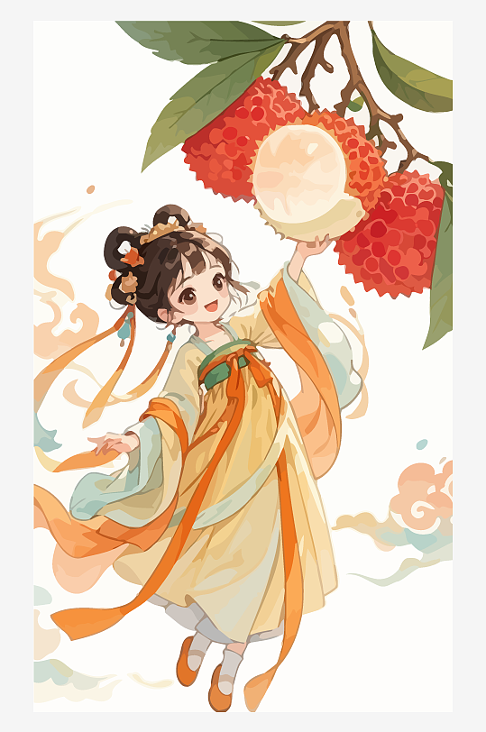 古风女孩拿着荔枝矢量插画元素-众图网