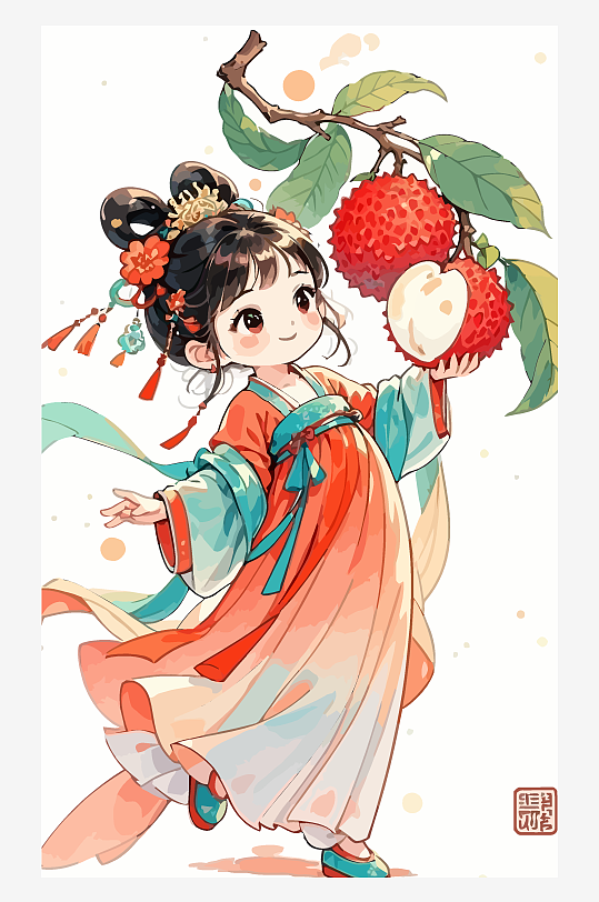 古风女孩拿着荔枝矢量插画元素-众图网