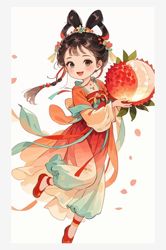 古风女孩拿着荔枝矢量插画元素-众图网