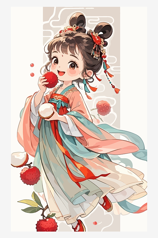 古风女孩拿着荔枝矢量插画元素-众图网
