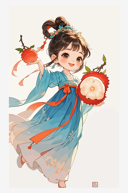 古风女孩拿着荔枝矢量插画元素-众图网