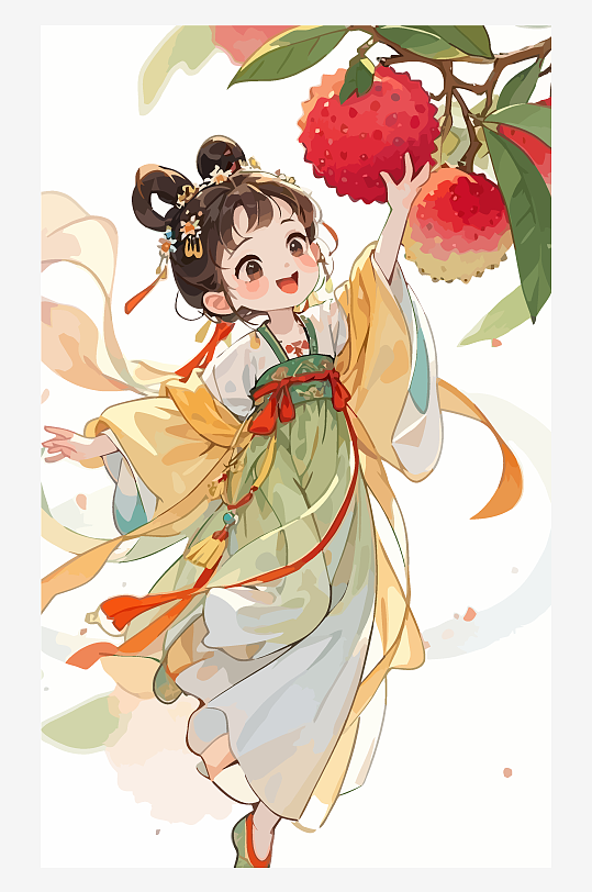古风女孩拿着荔枝矢量插画元素-众图网