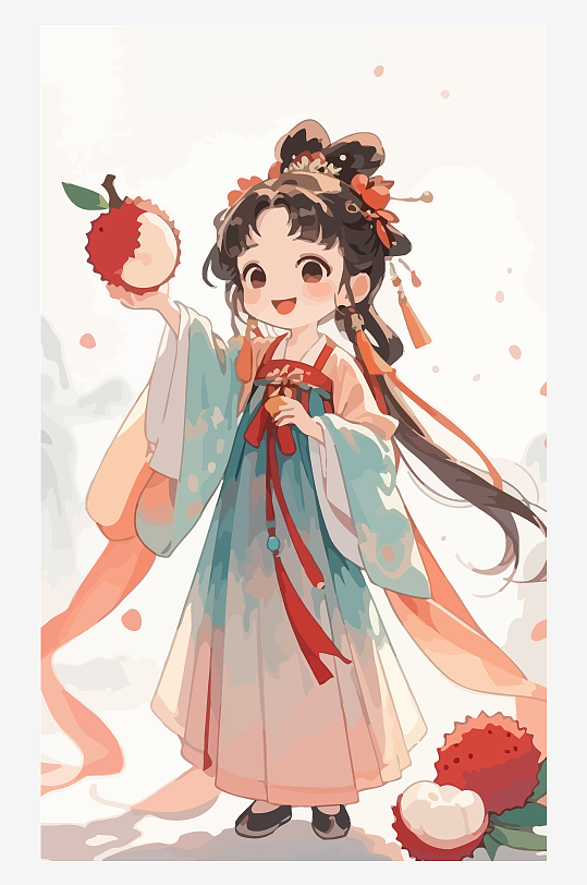 古风女孩拿着荔枝矢量插画元素-众图网