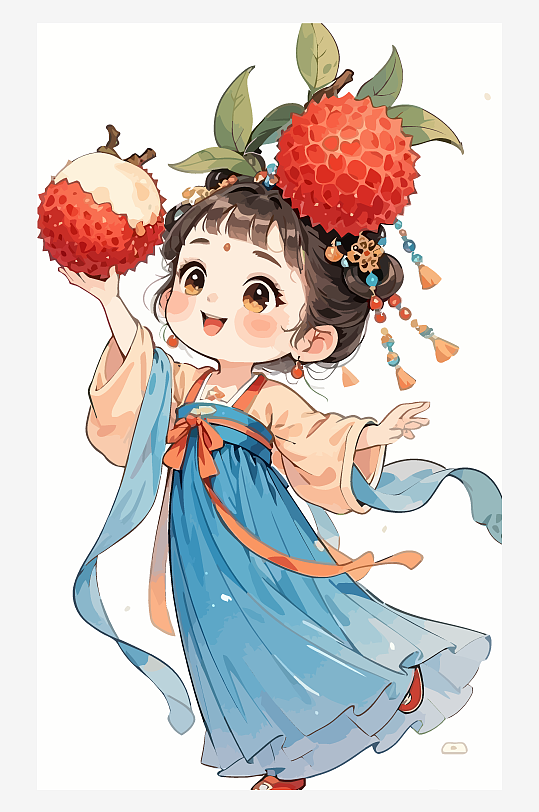 古风女孩拿着荔枝矢量插画元素-众图网