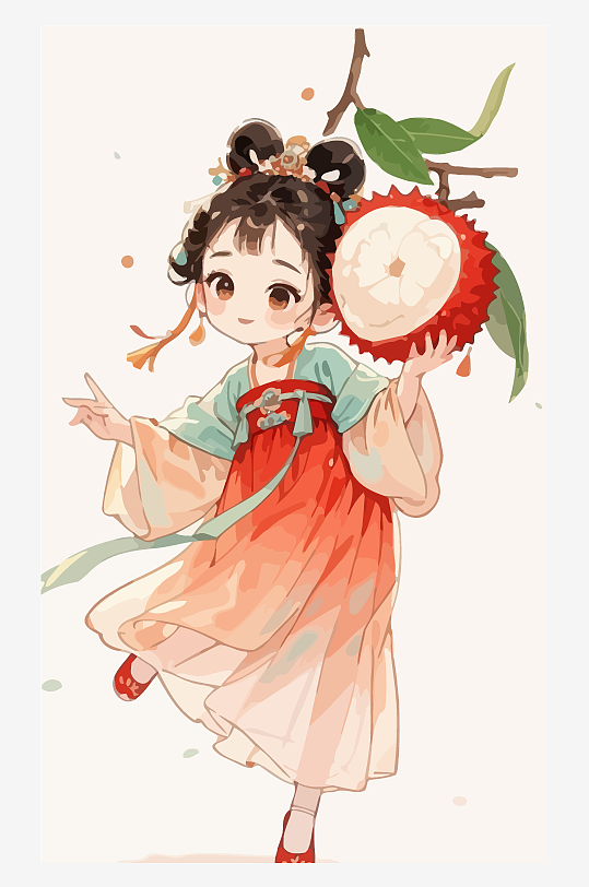 古风女孩拿着荔枝矢量插画元素-众图网