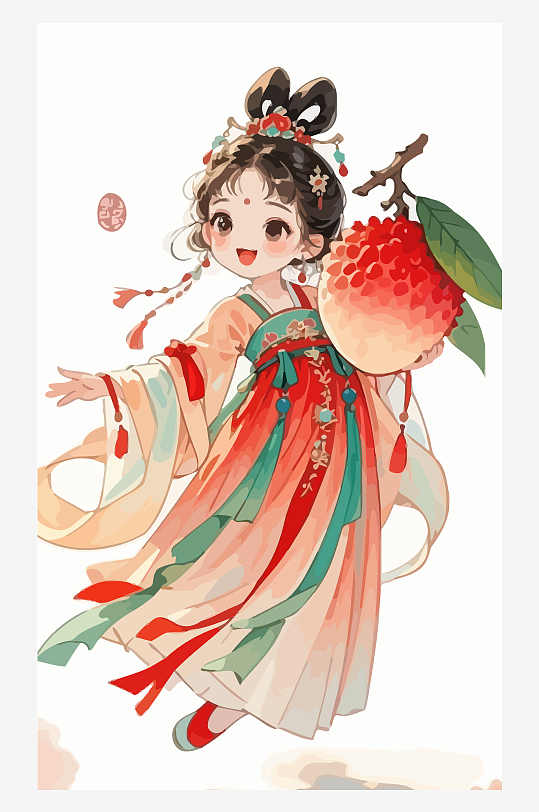 古风女孩拿着荔枝矢量插画元素-众图网