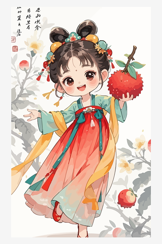古风女孩拿着荔枝矢量插画元素-众图网