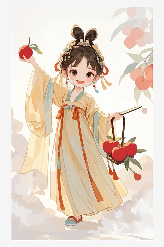 古风女孩拿着荔枝矢量插画元素-众图网