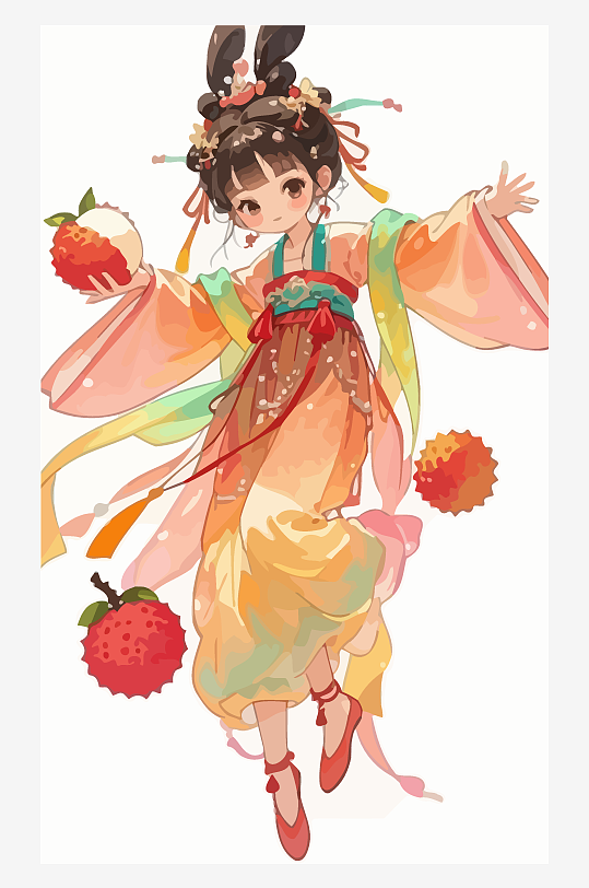古风女孩拿着荔枝矢量插画元素-众图网